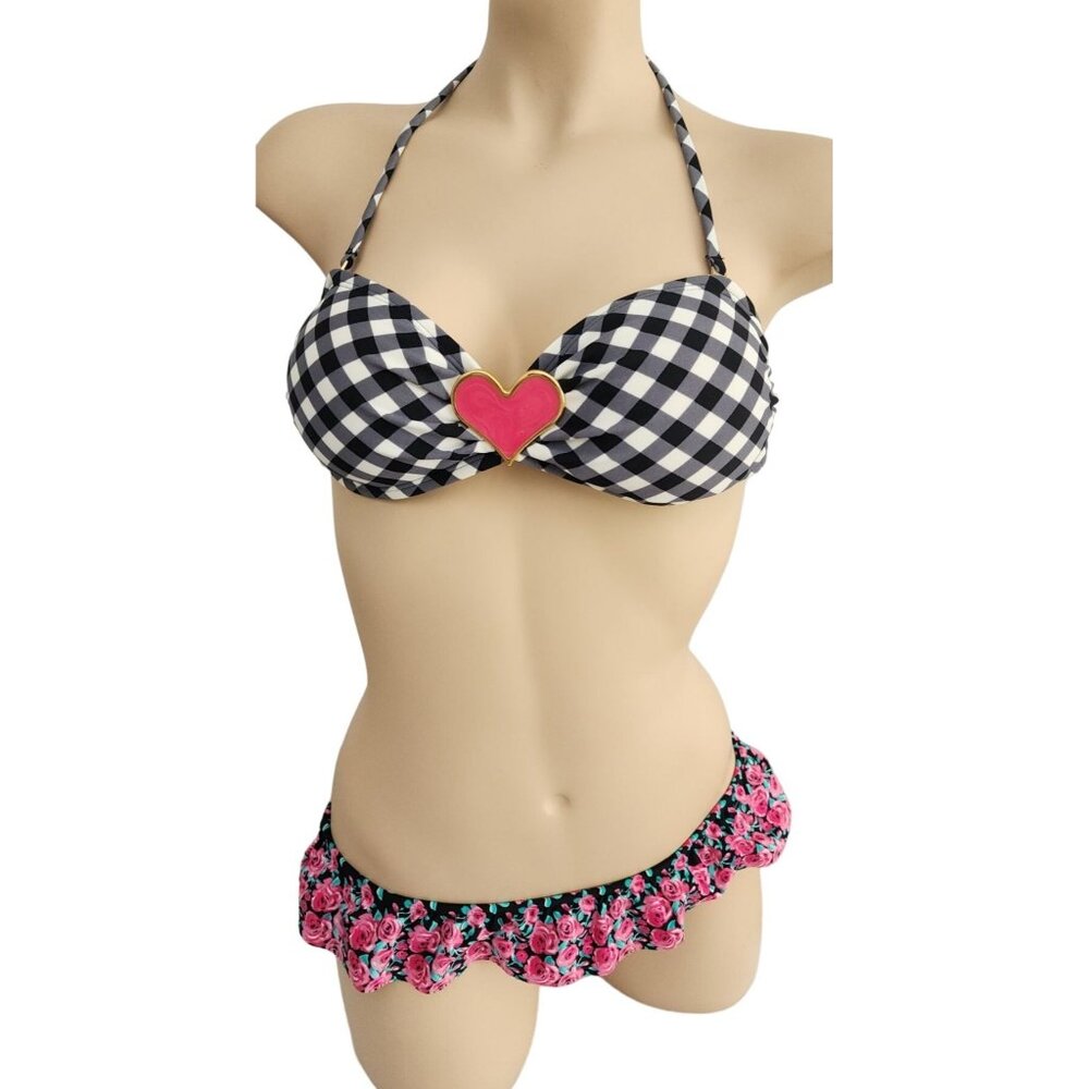 Sophia Vix NWT Bikini Swimsuit Pink Heart Ruffle Plaid Floral Top Bottom Small